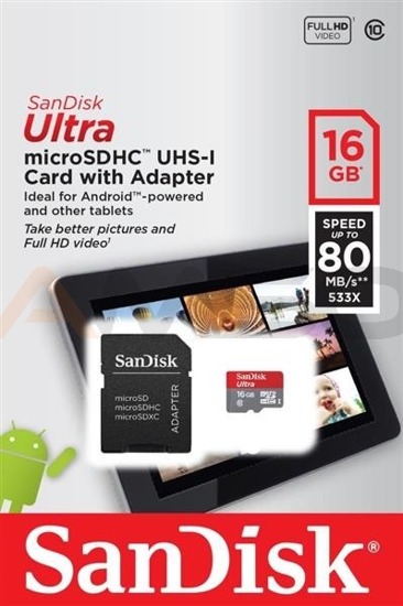 Karta pamięci microSDHC SanDisk ULTRA ANDROID 16 GB 80 MB/s Class 10 UHS-I + ADAPTER SD