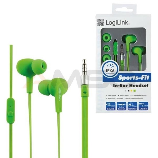 Słuchawki stereo z mikrofonem, douszne, wodoodporne (IPX6), zielone HS0044 LogiLink