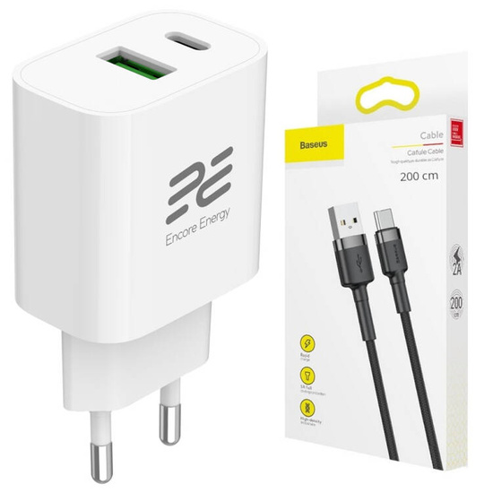 Nowa ładowarka sieciowa Encore Energy PD 3.0 Quick Charge 4.0 USB-A USB-C 20W adapter MD-2083R + Kabel USB Baseus 2m