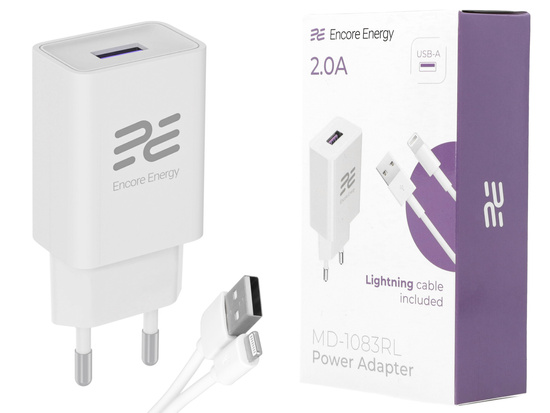 Nowa ładowarka sieciowa Encore Energy USB-A 10W + kabel Lightning ładowarka uniwersalna MD-1083RL