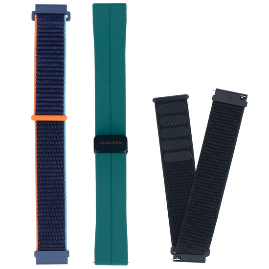 Zestaw pasków do smartwatcha GlacierX Grip Strap Nylon Black +  Silicone Magnetic Buckle Forest Green + Grip Strap Nylon Ocean Blue 22mm