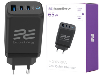 Nowa ładowarka sieciowa GaN 65W USB-A + 2x USB-C QC PPS PD Encore Energy MD-6583RA