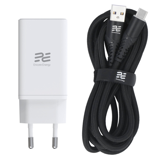Nowa ładowarka sieciowa GaN 65W USB-A + 2x USB-C QC PPS PD Encore Energy MD-6590R + kabel USB-A USB-C 2m 