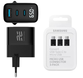 Nowa ładowarka sieciowa Encore Energy GaN QC 4+ PD 3.0 USB-A USB-C x2 65W MD-6583R wyświetlacz + Adapter Samsung Micro USB do USB-C