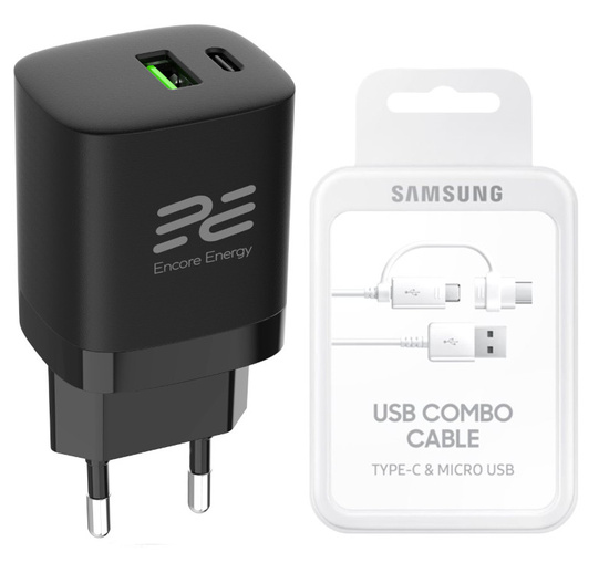 Nowa ładowarka sieciowa Encore Energy PD 3.0 Quick Charge 4.0 USB-A USB-C 30W MD-3083R + Kabel Samsung Combo USB