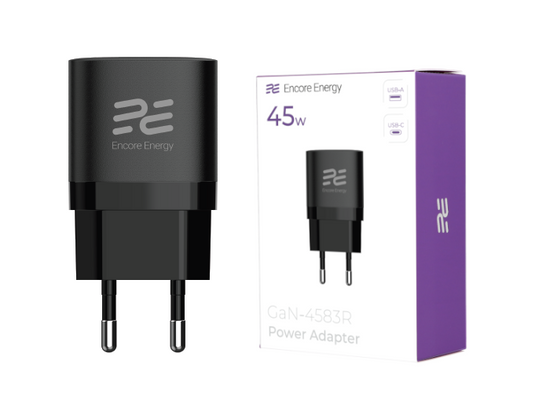 Nowa ładowarka sieciowa Encore Energy GaN QC 4+ PD 3.0 USB-A USB-C 45W GaN-4583R