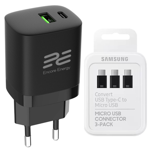 Nowa ładowarka sieciowa Encore Energy PD 3.0 Quick Charge 4.0 USB-A USB-C 30W MD-3083R + Adapter Samsung Micro USB do USB-C