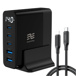 Nowa stacja ładująca Encore Energy ładowarka biurkowa GaN QC 4+ 5.0 PD 3.0 USB-A x2 USB-C x3 140W GaN-14083R z wyświetlaczem + kabel USB-C 2m