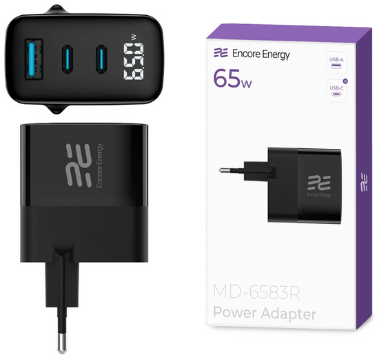 Nowa ładowarka sieciowa Encore Energy GaN QC 4+ PD 3.0 USB-A USB-C x2 65W MD-6583R z wyświetlaczem