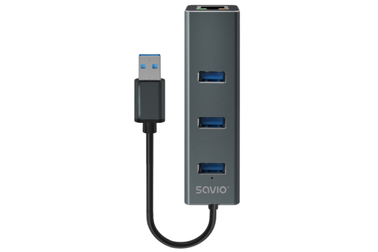 Nowy Savio Hub AK-58 3-portowy USB-A 3.1 Gen 1 z adapterem RJ-45 