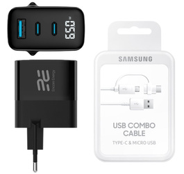 Nowa ładowarka sieciowa Encore Energy GaN QC 4+ PD 3.0 USB-A USB-C x2 65W MD-6583R wyświetlacz + Kabel Samsung Combo USB