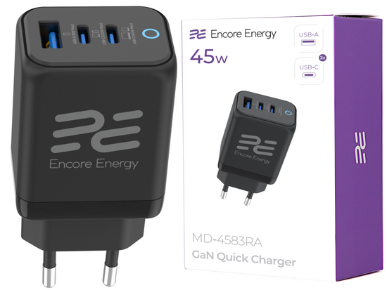 Nowa ładowarka sieciowa GaN 45W USB-A + 2x USB-C QC PPS PD Encore Energy MD-4583RA