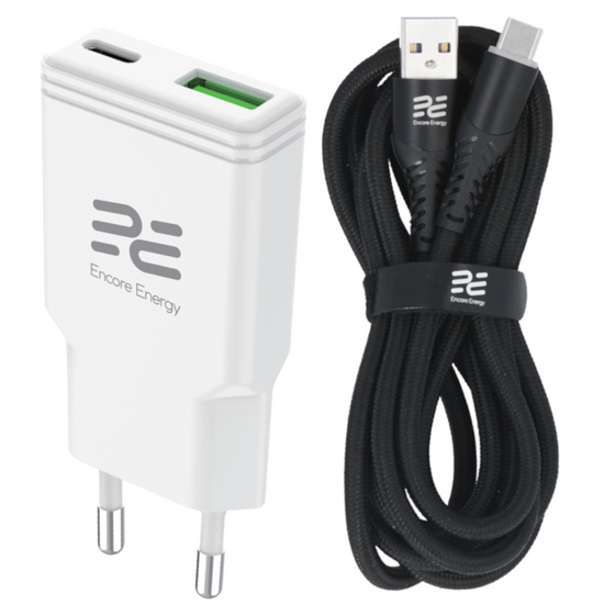 Nowa ładowarka sieciowa SLIM GaN 20W USB-A USB-C QC PD Encore Energy MD-2083ZA + kabel USB-A USB-C 2m
