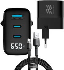 Nowa ładowarka sieciowa Encore Energy GaN QC 4+ PD 3.0 USB-A USB-C x2 65W MD-6583R wyświetlacz + Kabel USB Baseus 1m