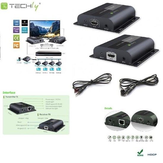 Extender Techly IDATA EXTIP-383 HDMI HDbitT po skrętce Cat. 6/6a/7, do 120m, FullHD z IR, czarny