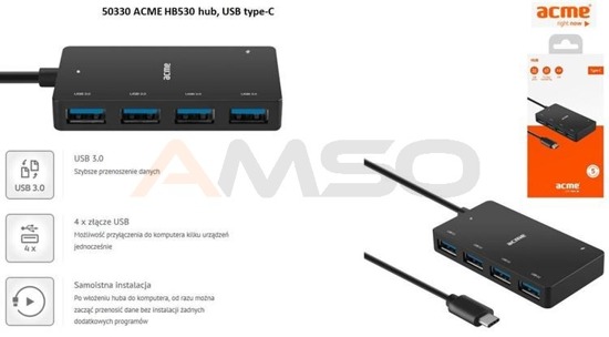 Hub USB Acme HB530, 4 porty USB 3.0, wtyk USB 3.0 type-C