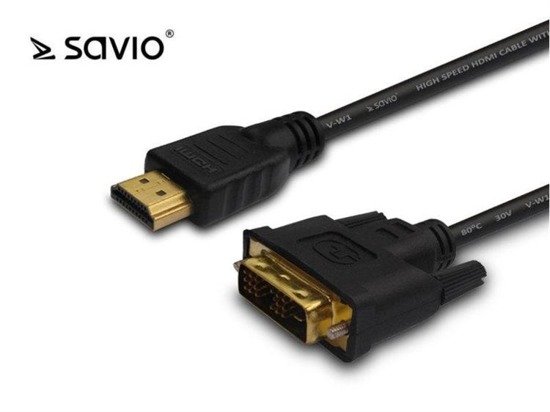 Kabel HDMI Savio CL-10 19pin męski - DVI-D 18+1 męski 1,5m, czarny, złote koń
