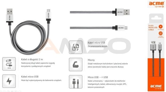 Kabel USB 2.0 ACME CB02-2 A/M - micro-USB B/M, 2m, wytrzymały, srebrny
