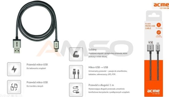 Kabel USB 2.0 Acme CB02 A/M - micro-USB B/M, 1m, wytrzymały, srebrny