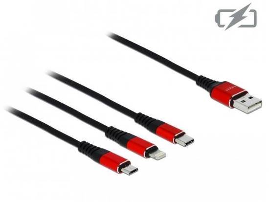Kabel USB 2.0 Delock USB-A - micro USB-B + Lightning + USB-C tylko ładowanie M/M 0,3m czarno-czerwony