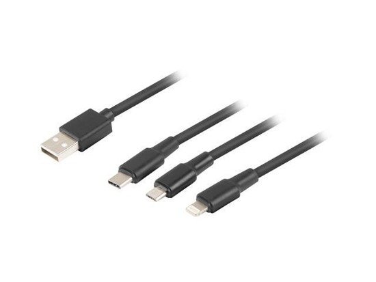 Kabel USB 2.0 Lanberg USB-A - micro USB-B + Lightning + USB type-C M/M combo 1,8m (tylko ładowanie) czarny PVC