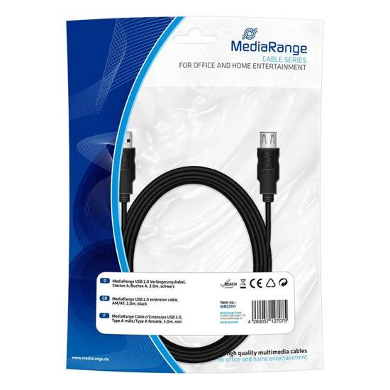 Kabel USB 2.0 MediaRange MRCS111 plug A to socket A, 3.0m, czarny