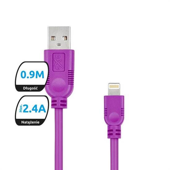 Kabel USB 2.0 eXc WHIPPY USB A(M) - Lightning 8-pin(M), 0,9m, fioletowy