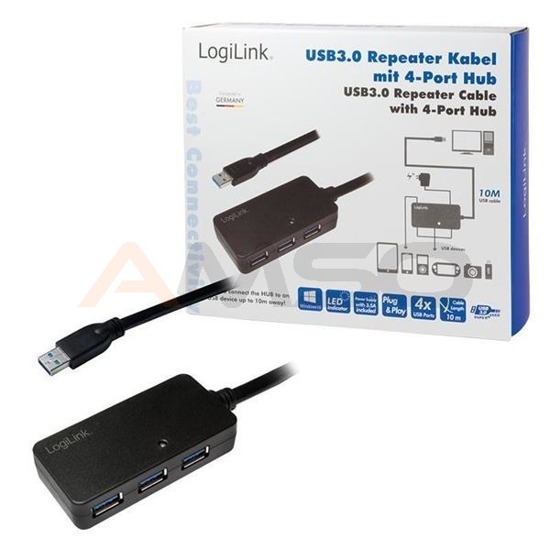 Kabel USB 3.0 LogiLink UA0262 Active Repeater do 10m z 4-portowym hubem