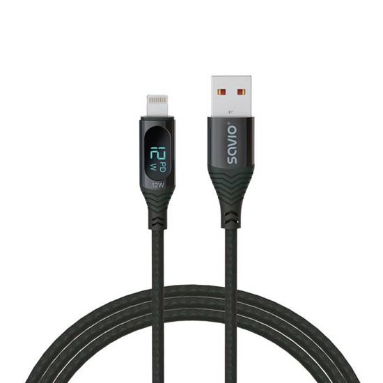 Kabel USB SAVIO CL-173, USB do Lightning, z wyświetlaczem cyfrowym, 1m, czarny