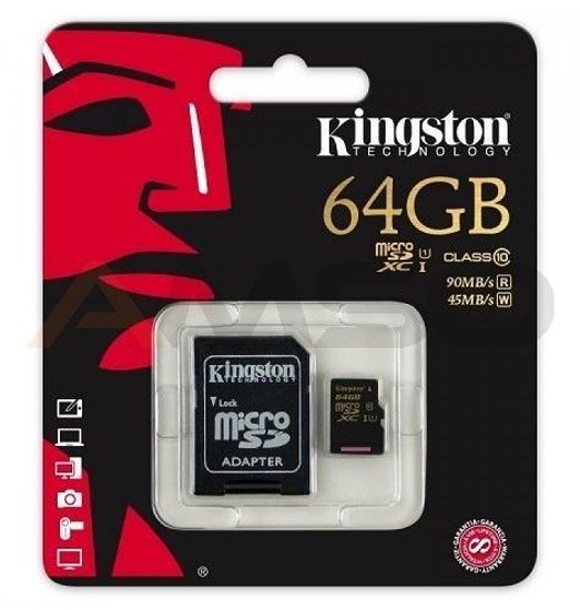 Karta pamięci Kingston MicroSDXC 64GB class 10 UHS-I 90/45MB/s + adapter