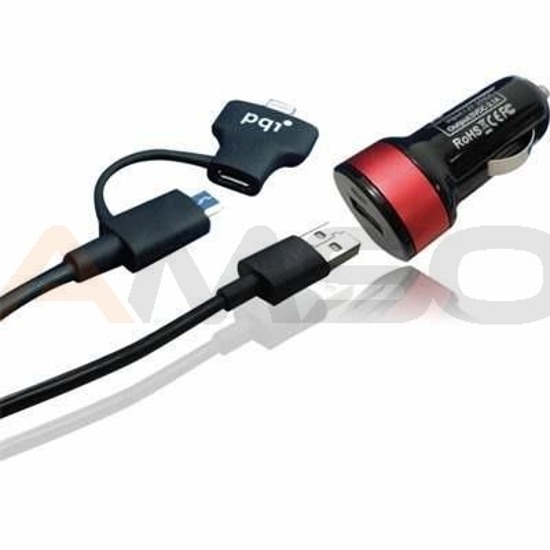 Ładowarka samochodowa PQI 12-24V USB-microUSB + lightning iphone du-plug