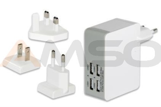 Ładowarka sieciowa Ednet 4 porty, maks. 5 V/4,8 A, 3 wtyczki, EU/US/UK