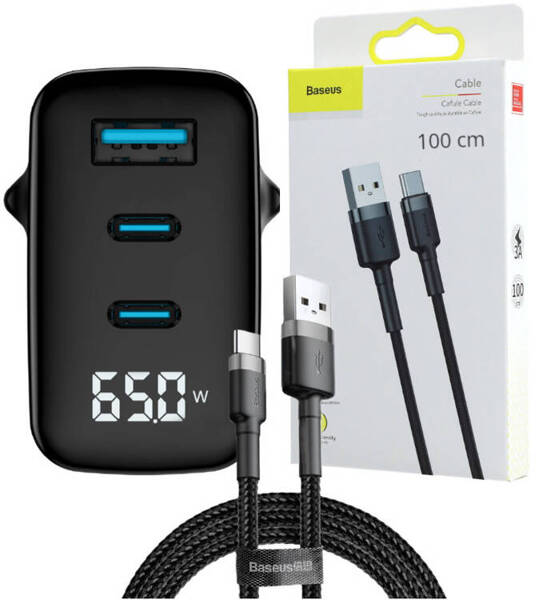 Nowa ładowarka sieciowa Encore Energy GaN QC 4+ PD 3.0 USB-A USB-C x2 65W MD-6583R wyświetlacz + Kabel USB Baseus 1m