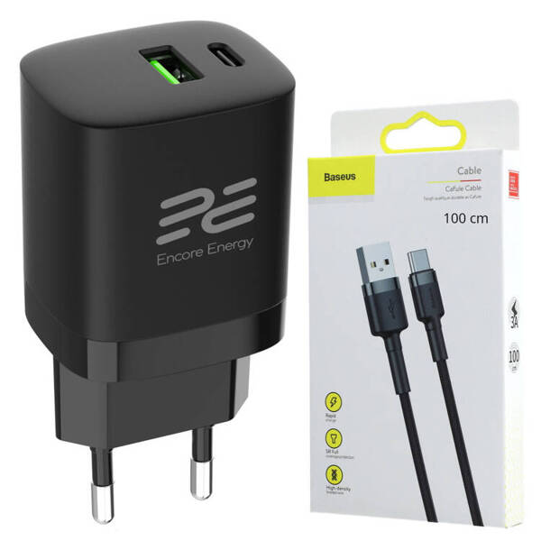 Nowa ładowarka sieciowa Encore Energy PD 3.0 Quick Charge 4.0 USB-A USB-C 30W adapter MD-3083R + Kabel USB Baseus 1m