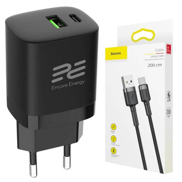 Nowa ładowarka sieciowa Encore Energy PD 3.0 Quick Charge 4.0 USB-A USB-C 30W adapter MD-3083R + Kabel USB Baseus 2m