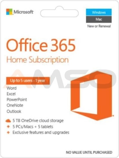 Oprogramowanie Office 365 Home 32-bit/x64 PL 1 rok  Medialess