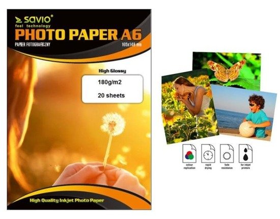 Papier fotograficzny Savio  PA-01 A6 180g/m2 20szt. błysk