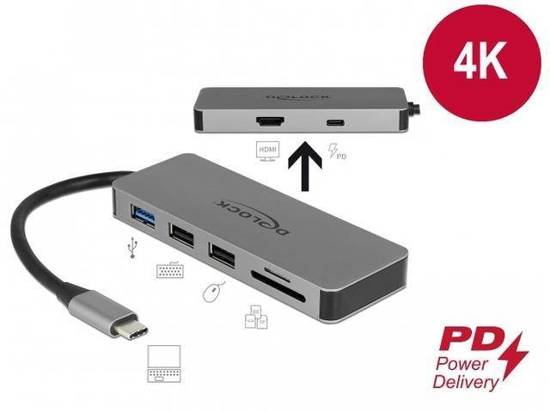 Replikator portów Delock USB Type-C -> HDMI, USB 3.0, 2x USB 2.0, PD 2.0, czytnik SD, USB type-C