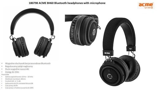 Słuchawki z mikrofonem Acme BH60 bezprzewodowe Bluetooth czarne
