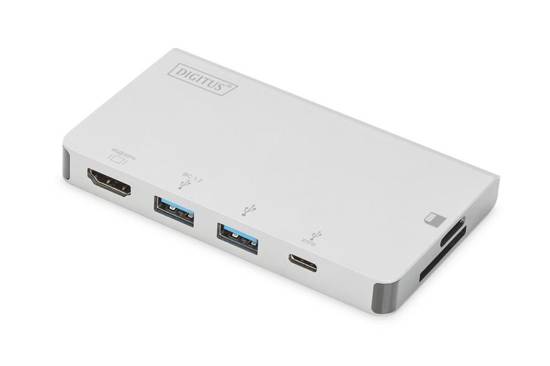 Stacja dokująca podróżna Digitus USB Typ C, 6-portów 4K 30Hz, HQ, aruminiowa, srebrna