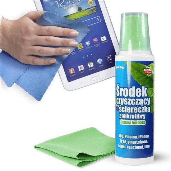 Zestaw do czyszczenia ekranów e5 LCD, PLASMA, SMARTPHONE, TABLET (płyn 250 ml + mikrofibra 20x20) o zapachu zielonej herbaty