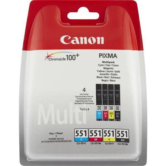 Zestaw tuszy Canon 6509B009 (oryginał CLI551 CMYK CLI-551C/M/Y/K; 4 x 7 ml; czarny, czerwony, niebieski, żółty)
